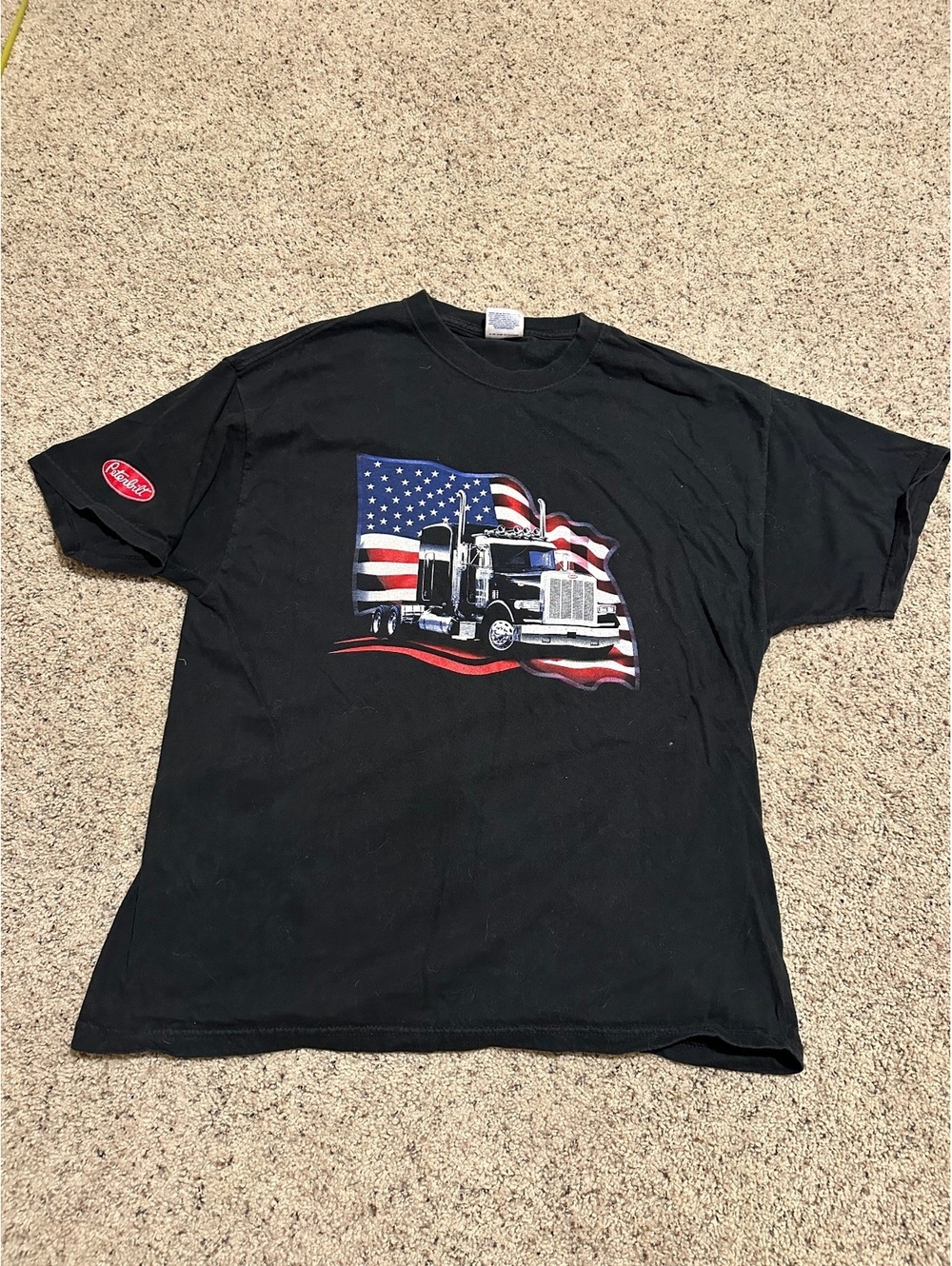 Peterbilt Black Graphic T-Shirt with American Flag and Truck